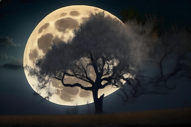 Albero spettrale contro una grande luna generata da ai