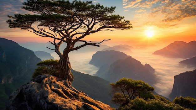 Albero sterile che cresce su una scogliera della montagna Tianmen al crepuscolo