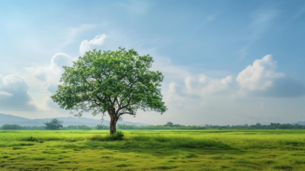 Albero su campo verde sullo sfondo carta da parati naturale per web o banner