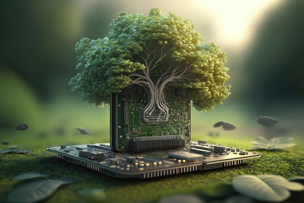 Albero su un chip di computer sullo sfondo della natura