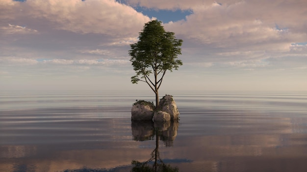 albero su un'isola nel mezzo di un lago splendido paesaggio 3D rendering cg illustrazione