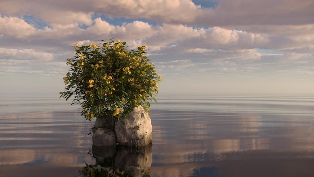 albero su un'isola nel mezzo di un lago splendido paesaggio 3D rendering cg illustrazione