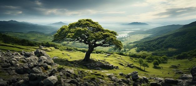 Albero su una collina con un bellissimo paesaggio sullo sfondo