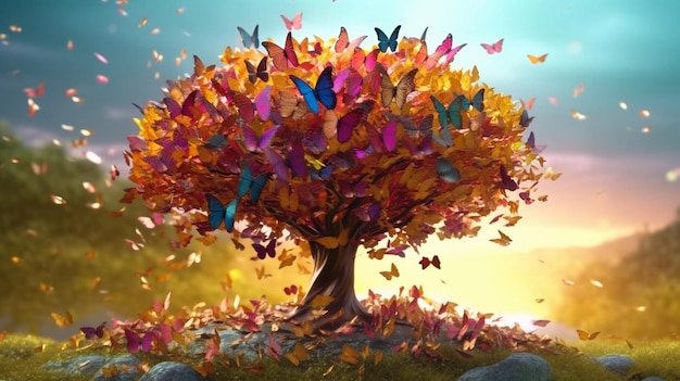 Albero sulla collina molte bellissime farfalle sull'albero lascia l'arte generata dall'intelligenza artificiale 04