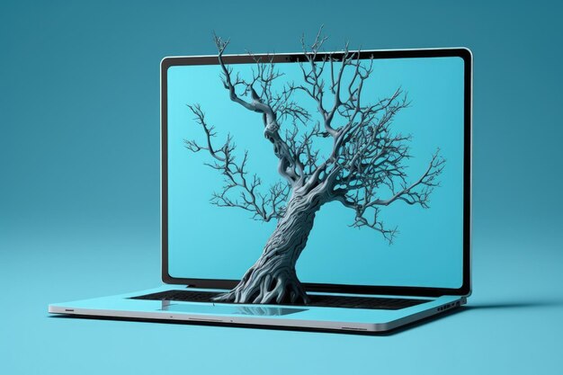 Albero sullo sfondo dello schermo del laptop AI generativa