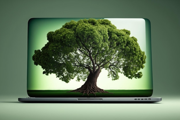 Albero sullo sfondo dello schermo del laptop AI generativa