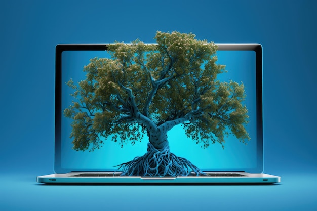 Albero sullo sfondo dello schermo del laptop AI generativa