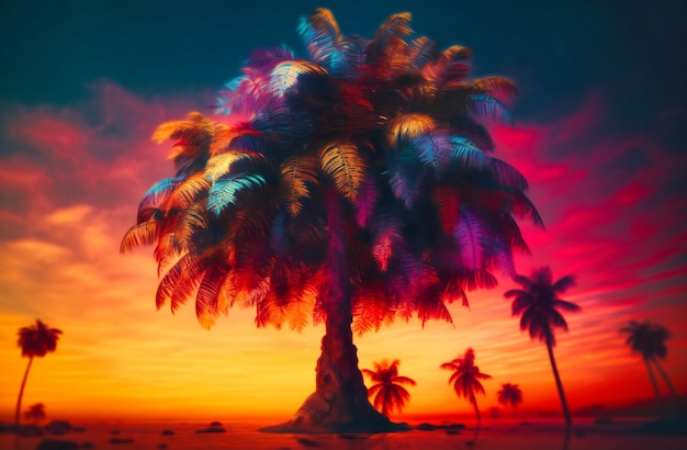 Albero tropicale tramonto con colori e palme da cocco