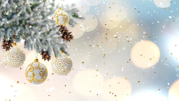 albero verde e palla bianca festivo nevoso sfocato con coriandoli stella d'oro