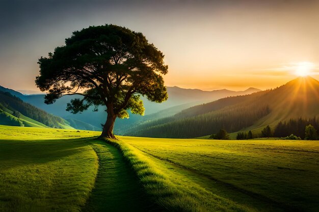 Albero verde prato e la bellezza del tramonto generato