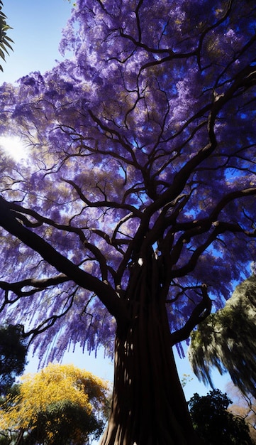 Albero viola con un cielo blu sullo sfondo ai generativo