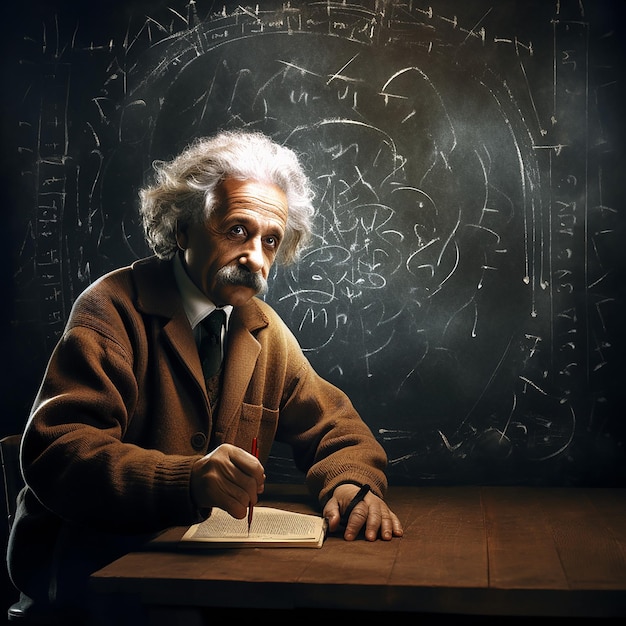 Albert Einstein sul retro scrive su una lavagna universitaria