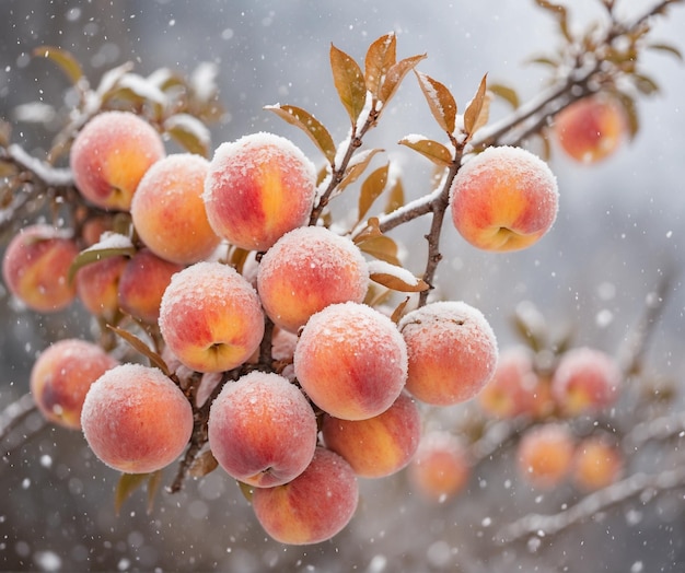 Albicocche congelate su un ramo nel giardino in inverno