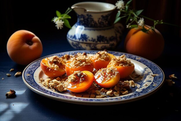 Albicocche su piastra bianca con granola 4K Fotografia di immagini di albicocche