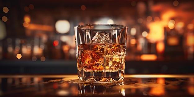 Alcol classico whisky scotch bevanda in bicchiere con cubetti di ghiaccio al bar pub