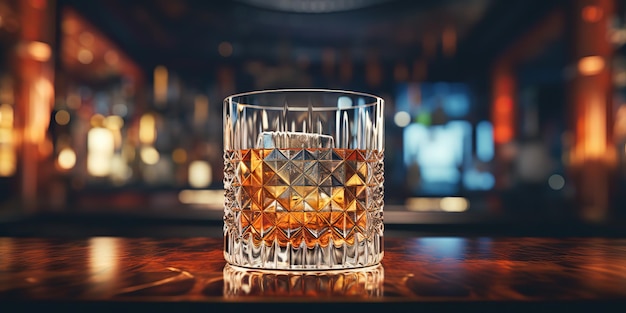 Alcol classico whisky scotch bevanda in bicchiere con cubetti di ghiaccio al bar pub