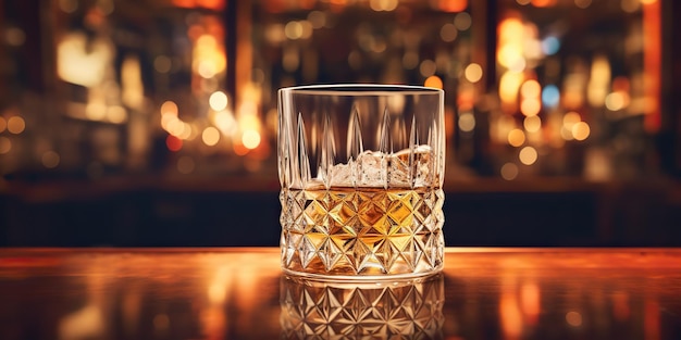 Alcol classico whisky scotch bevanda in bicchiere con cubetti di ghiaccio al bar pub