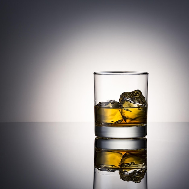 Alcool di vetro di whisky con ghiaccio Rocce e superficie di riflessione