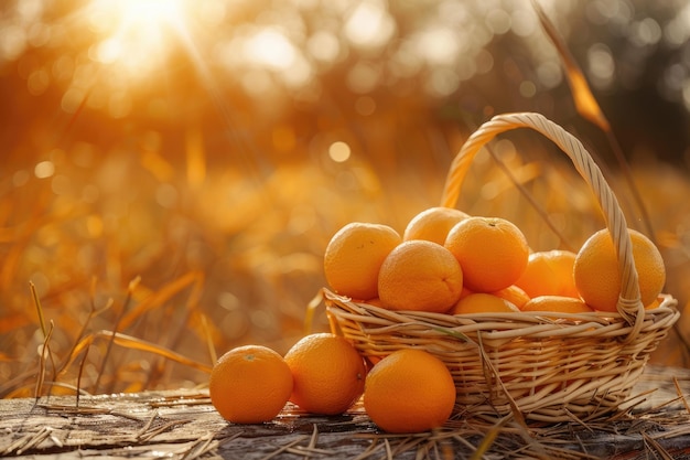Alcune arance in un cesto su una superficie di legno su uno sfondo di campo arancione