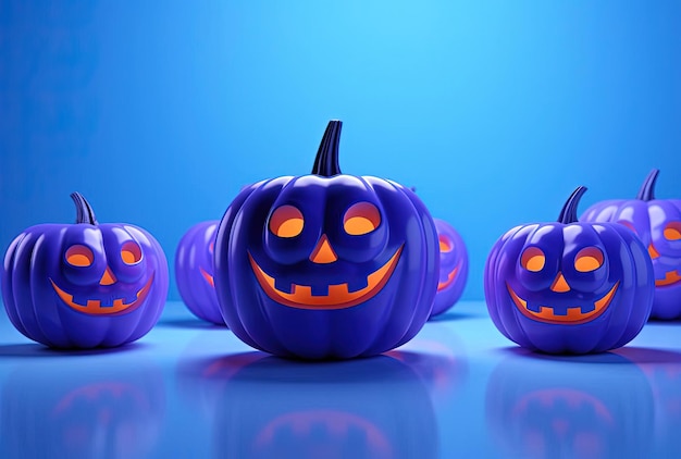 alcune lanterne di zucche di Halloween su sfondo blu