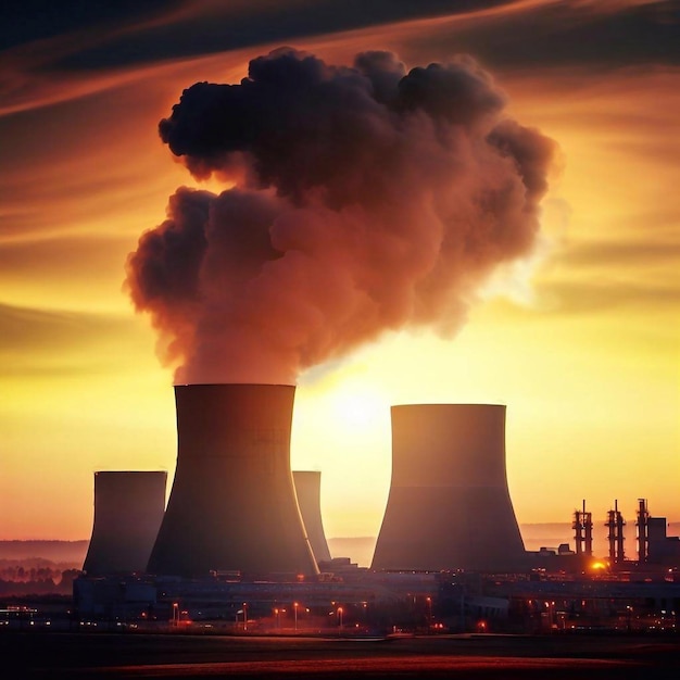 Alcune torri di centrali nucleari con fumo al tramonto