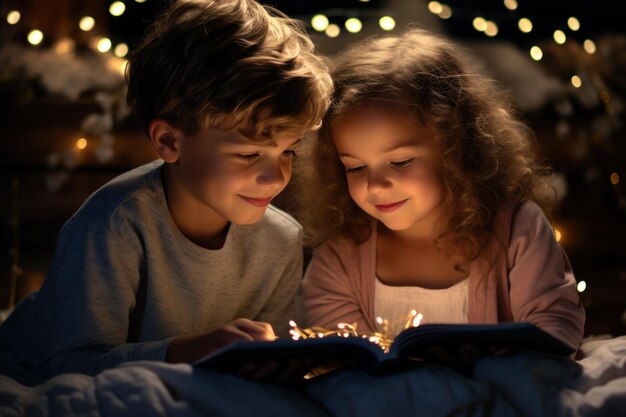 Alcuni bambini leggono libri di notte davanti alla lampada