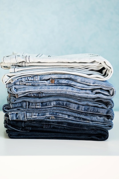 Alcuni jeans blu impilati si chiudono sulla collezione Denim