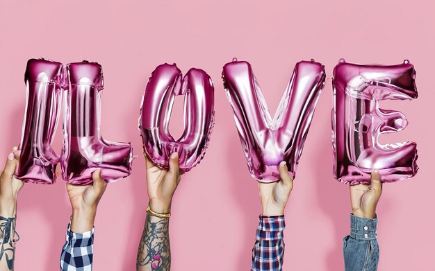 alcuni palloncini a forma di lettera fuchsia che formano la parola amore e alcuni desideri diversi