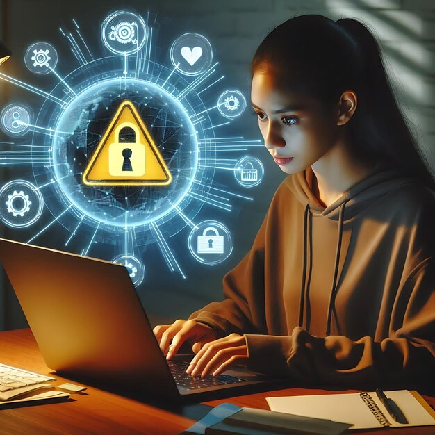 Alerta di avvertimento di attacco al sistema Persona che utilizza un portatile con segnale di avviso virtuale per un attacco informatico
