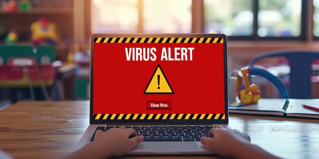 Alerta di avvertimento di virus sullo schermo del computer rilevata minaccia informatica rapida