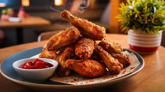 Alette di pollo piccanti al pane con spezie e ketchup sul tavolo