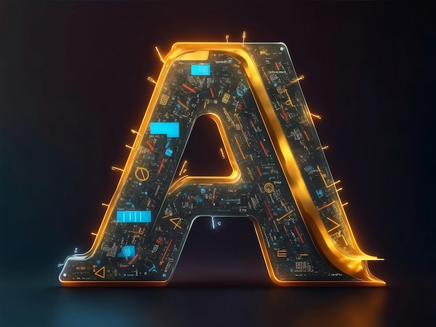 Alfabeto AI con neon colorati ed elementi di rete tecnologica Illustrazione AI generativa