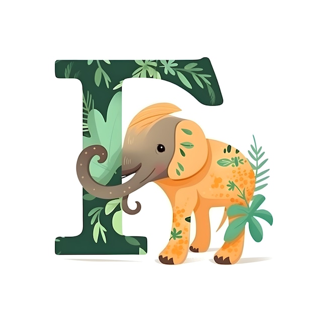 Alfabeto animale Lettera E con elefante e foglie Illustrazione vettoriale
