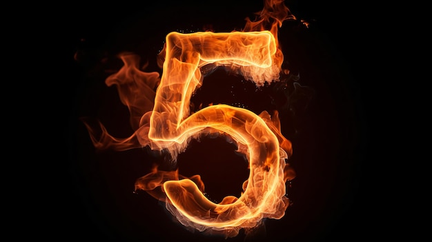 Alfabeto del fuoco numero 5 cinque isolato su nero