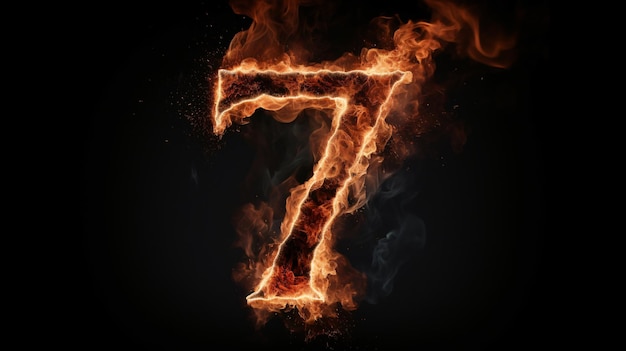alfabeto del fuoco numero 7 sette isolato su sfondo nero