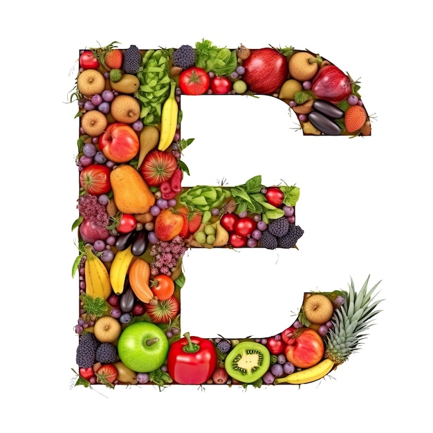 Alfabeto o lettera e di verdure e frutta fresche