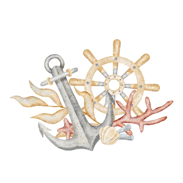 Alge marine, coralli, ancore, navi, volante, acquerelli, illustrazioni disegnate a mano, composizione.