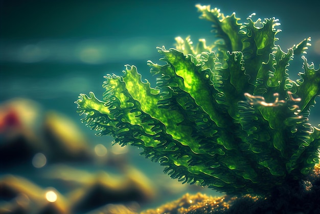 Alghe sul paesaggio marino Erba bagnata sulla costa con l'oceano o il mare intorno IA generata