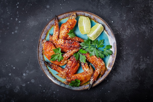 Ali di pollo al forno con semi di sesamo, prezzemolo e lime su una vista dall'alto del piatto.