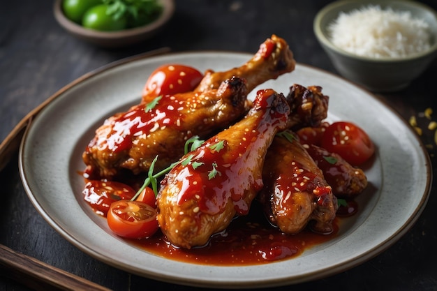 Ali di pollo al forno in stile asiatico e salsa di pomodoro sul piatto