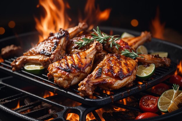 ali di pollo alla griglia con verdure grigliate in salsa barbecue con shashli di carne di pollo alla griglia