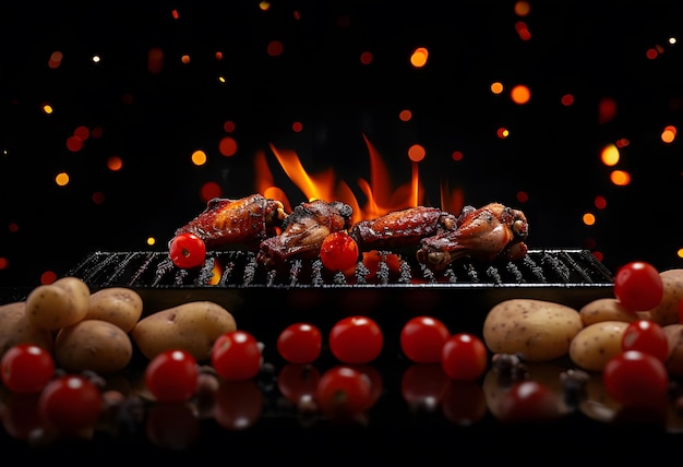 Ali di pollo alla griglia su griglia al barbecue con limone e pomodori in primo piano