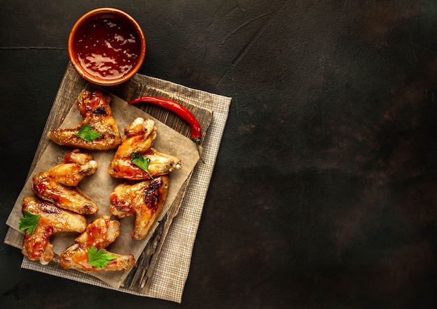 Ali di pollo arrostite con salsa barbecue con prezzemolo su un tagliere su una tavola concreta. Vista dall'alto . con copia spazio per il testo