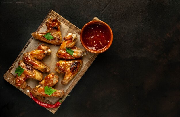 Ali di pollo arrostite con salsa barbecue con prezzemolo su un tagliere su una tavola concreta. Vista dall'alto . con copia spazio per il testo