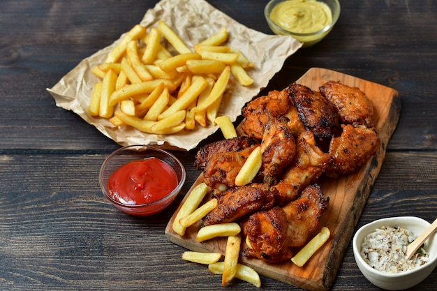 Ali di pollo calde e patatine fritte con ketchup e senape.