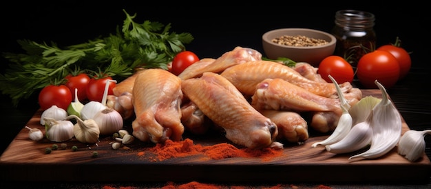 ali di pollo crude esposte su una tavola di legno insieme a verdure e spezie su un nero