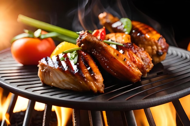 Ali di pollo grigliate sulla griglia ardente con verdure grigliate in salsa barbecue al pepe