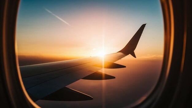 Ali di silhouette di un aereo all'alba vista attraverso la finestra