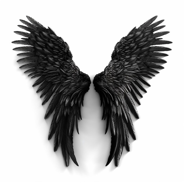 Ali di uccello nero con piume isolate su primo piano bianco per elemento di disegno del tatuaggio