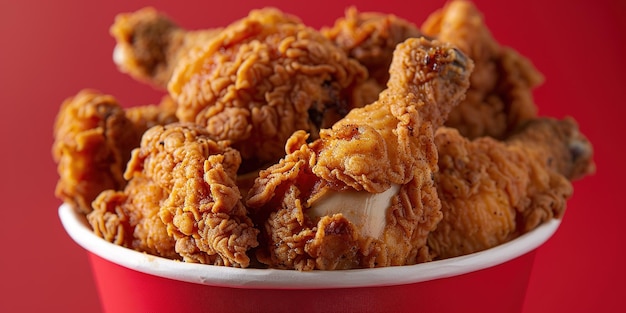Ali e gambe di pollo fritte Un secchio pieno di pollo croccante fritto del Kentucky su sfondo rosso